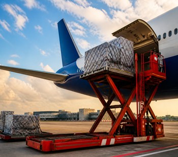 Air cargo being loaded into a royal-blue aircraft with red equipment