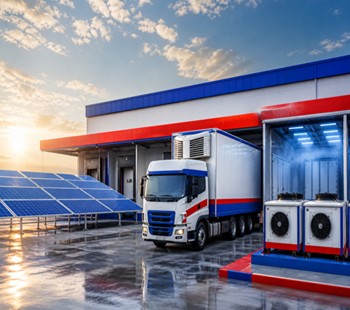 Solar-powered cold-chain facility with royal-blue and red accents