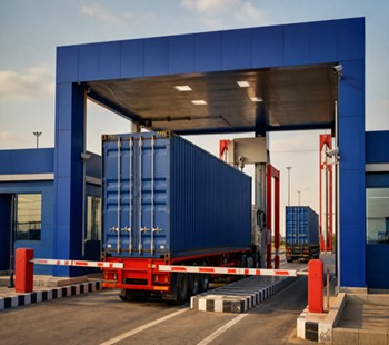 Container passing through a royal-blue and red customs inspection bay