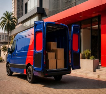 Royal-blue and red last-mile delivery van with parcels