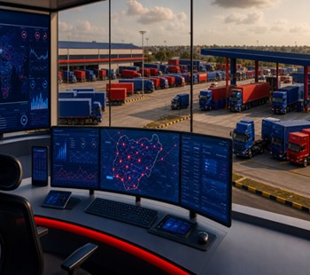 Royal-blue supply-chain control centre with red route indicators