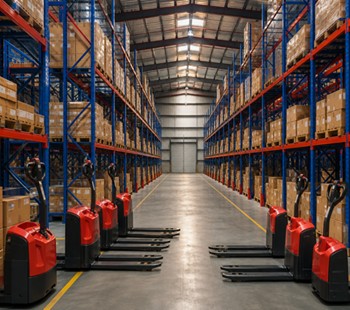 Organized warehouse with royal-blue racks and red pallet equipment